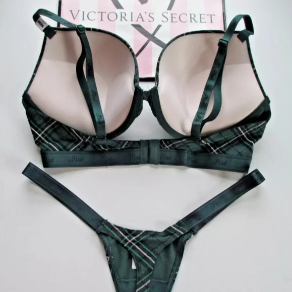 VICTORIA'S SECRET PINK Super Push-Up Bra & XL Thong Panty Set Green Plaid Cotton